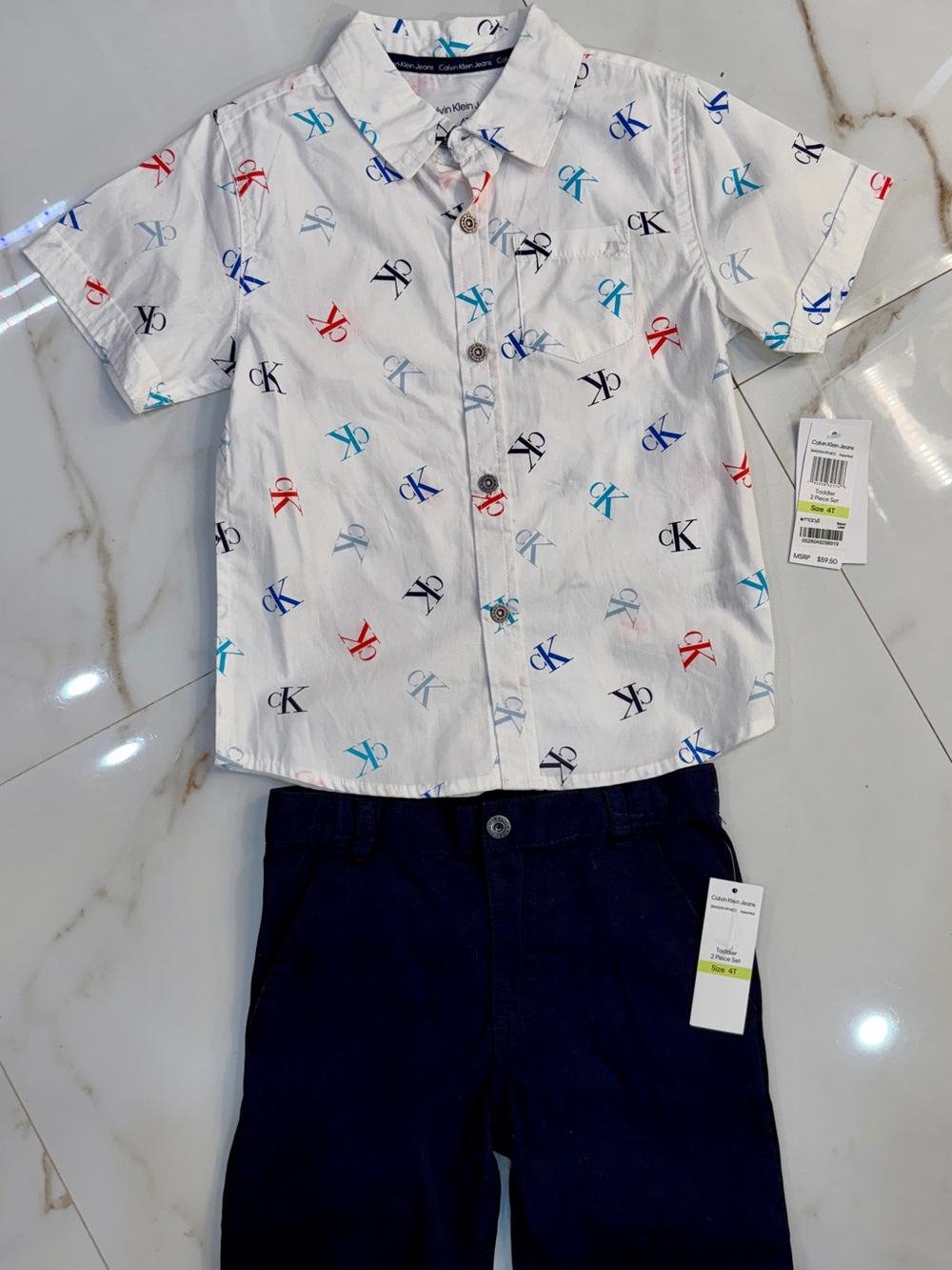 Kids Calvin Klein White Short-Sleeve Button-Down with Multicolor CK Print
